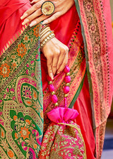 Salmon Pink and Green Zari Woven Banarasi Soft Silk Saree