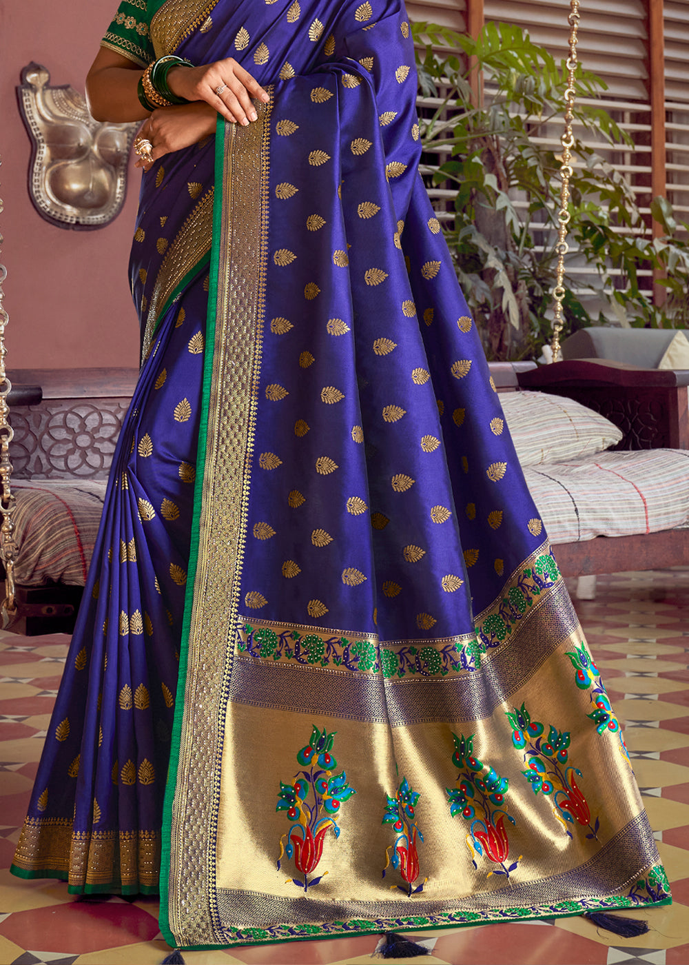 Buy MySilkLove Midnight Blue and Green Zari Woven Banarasi Brocade Saree Online