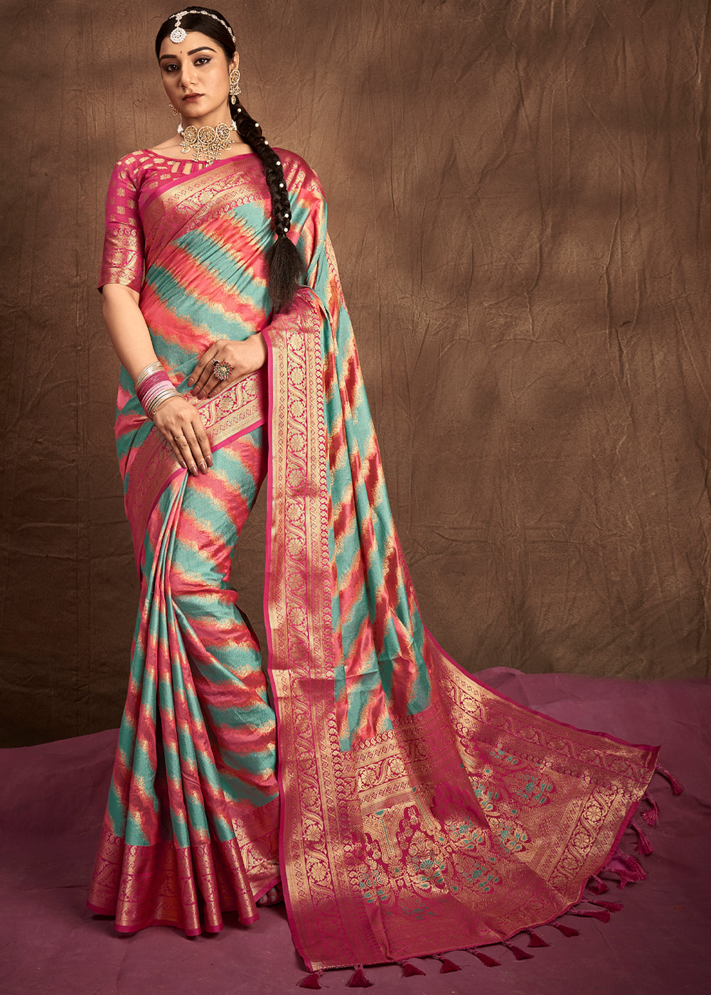 Buy MySilkLove Brick Pink and Blue Woven Rangkath Banarasi Silk Saree Online