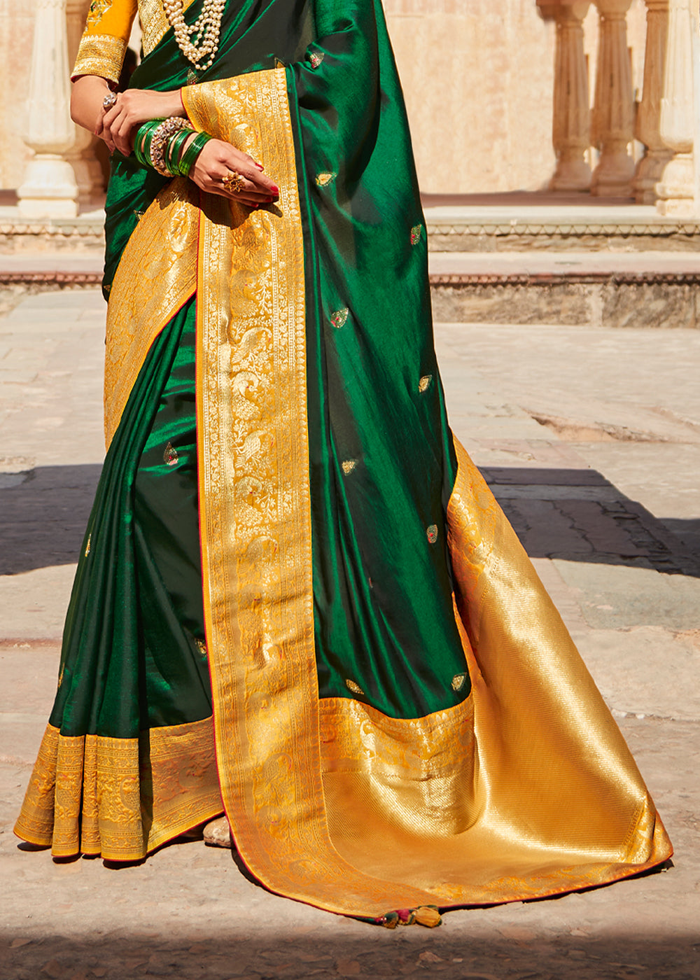 Buy MySilkLove Goblin Green and Yellow Zari Woven Designer Banarasi Saree Online