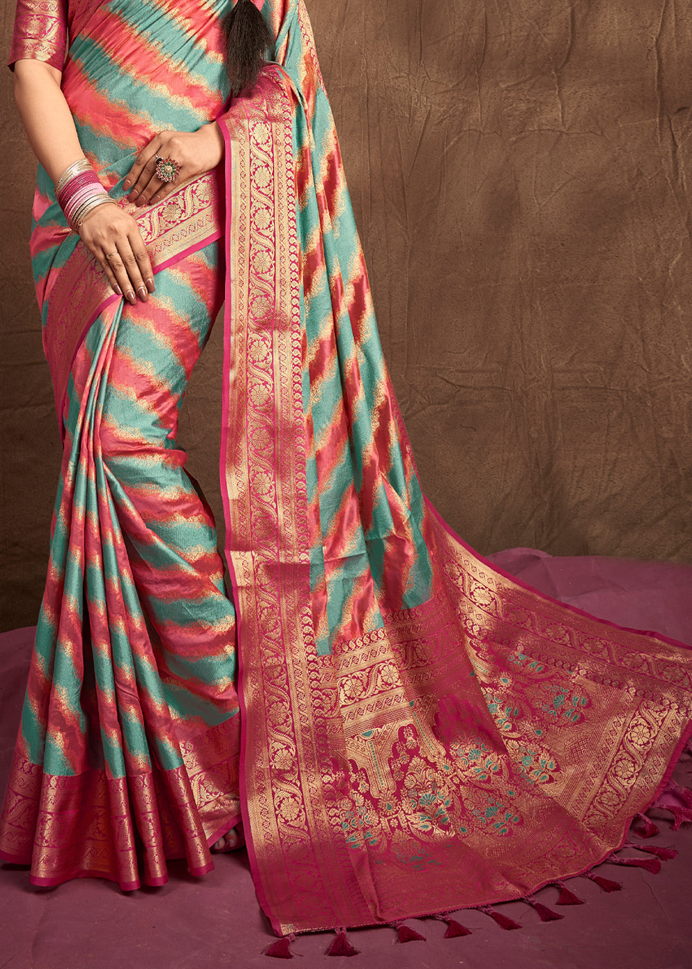 Buy MySilkLove Brick Pink and Blue Woven Rangkath Banarasi Silk Saree Online