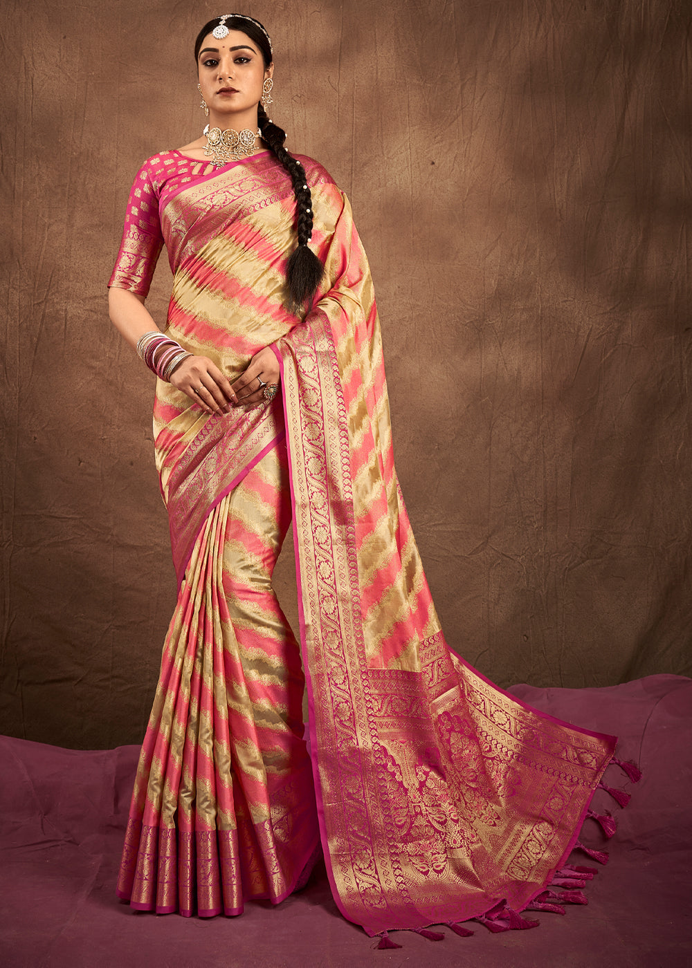 Buttermilk Cream and Pink Woven Rangkath Banarasi Silk Saree