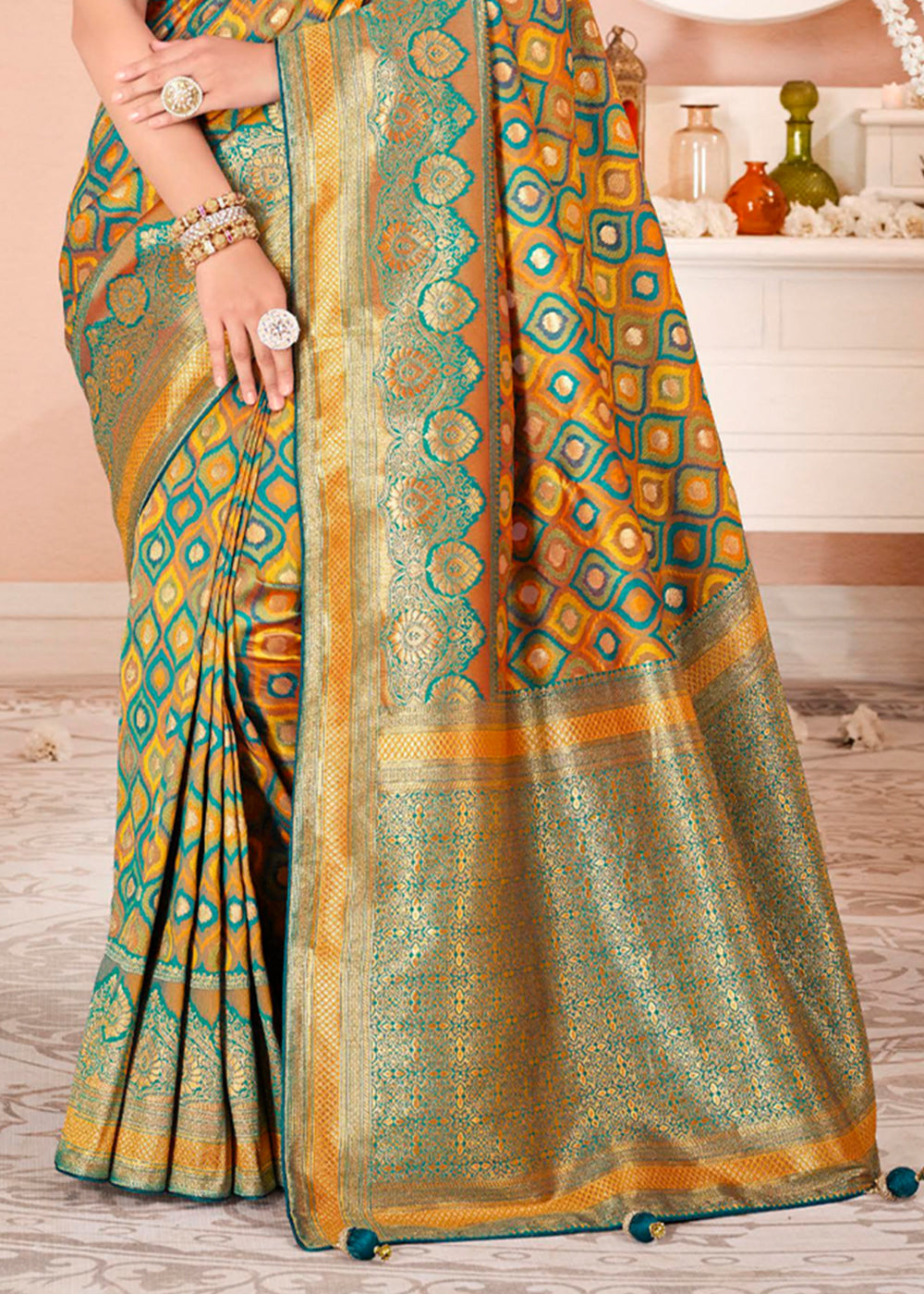 Buy MySilkLove Neon Yellow and Blue Zari Woven Banarasi Saree with Designer Blouse Online