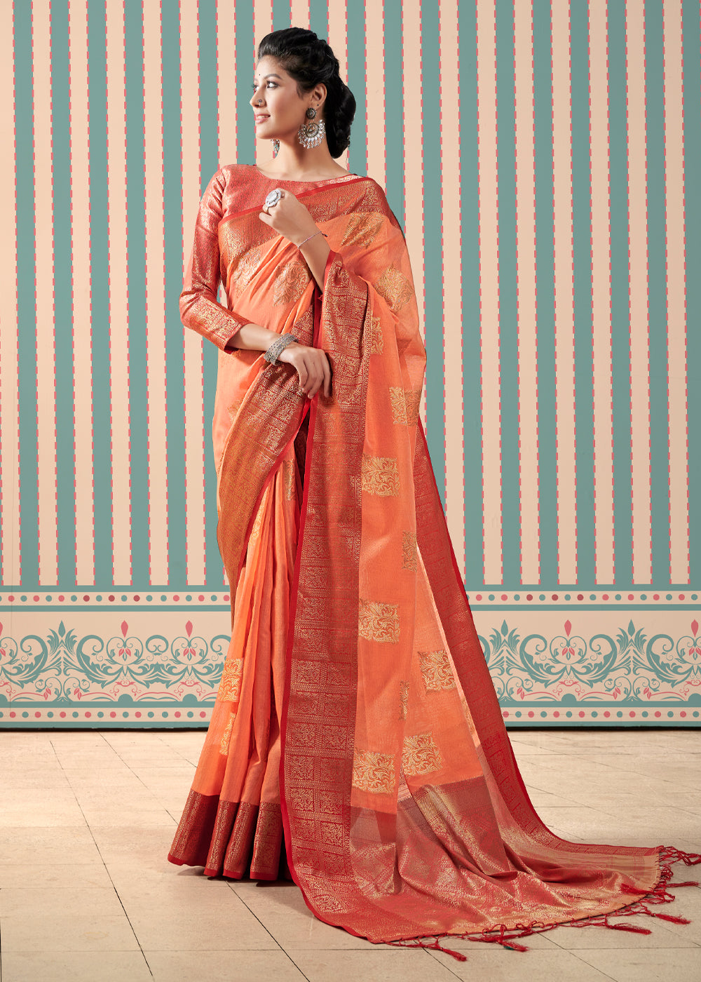 Buy MySilkLove Mandarin Orange Zari Woven Banarasi Brocade Linen Saree Online