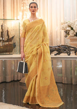 Cream Yellow Zari Woven Linen Saree