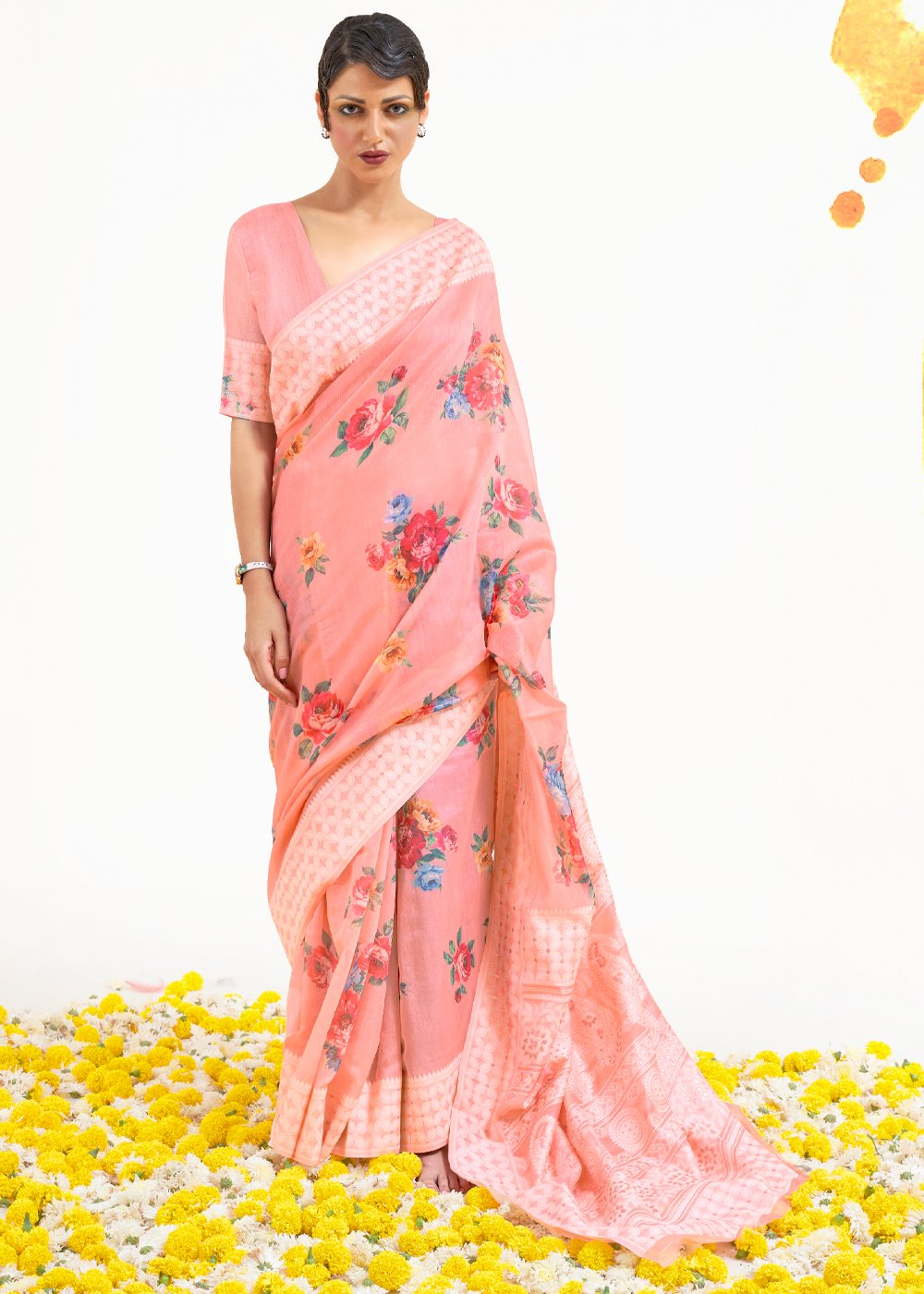 Buy MySilkLove My Pink Zari Woven Digital Printed Linen Saree Online