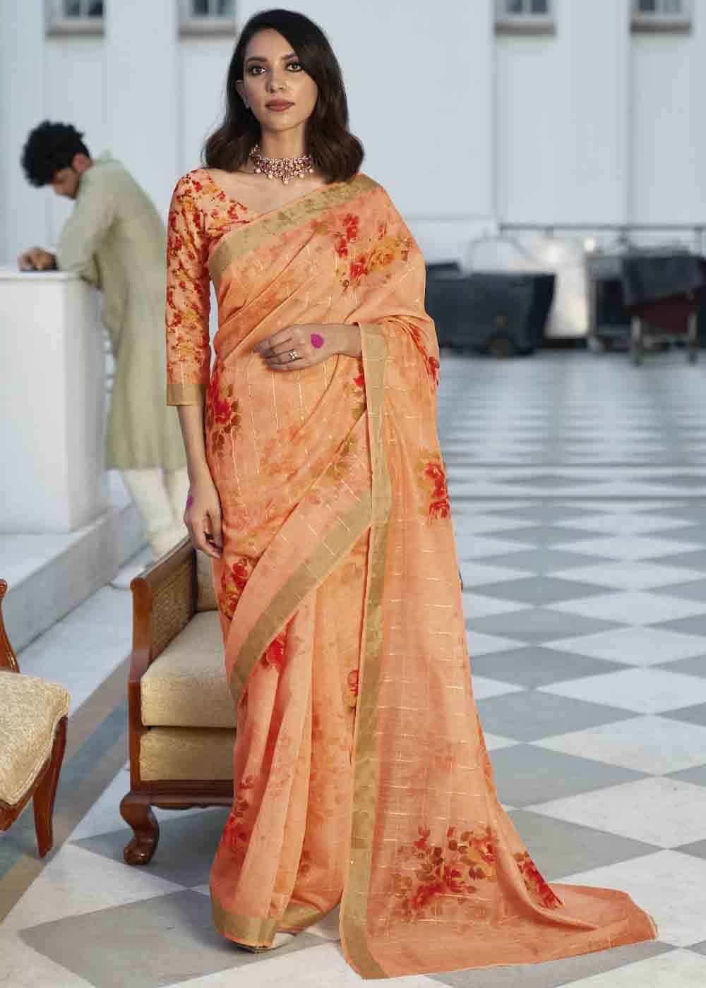 Buy MySilkLove Copper Orange Digital Floral Printed Saree Online