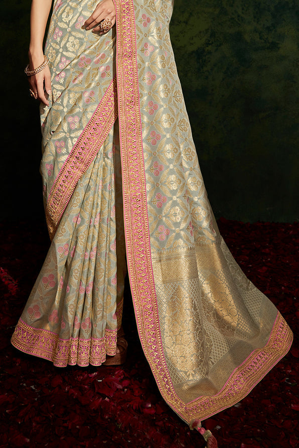 Buy MySilkLove Coral Reef Light Grey and Pink South Silk Saree Online