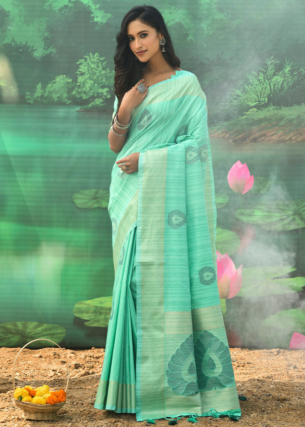 Buy MySilkLove Algae Green Banarasi Jacquard Silk Saree Online