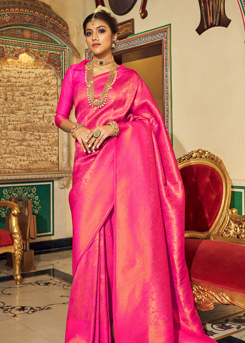 Brink Pink Zari Woven Kanjivaram Silk Saree