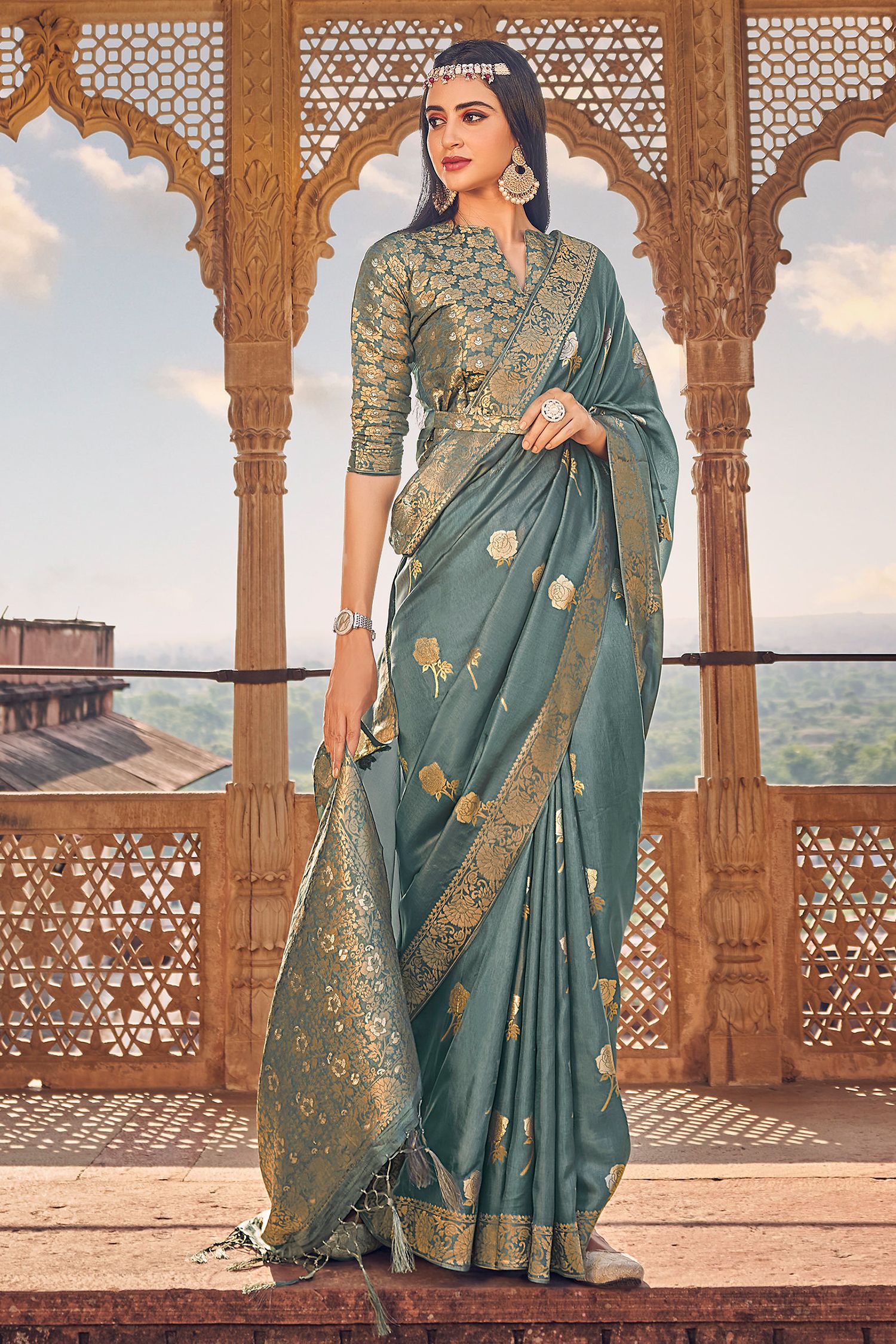 Buy MySilkLove Nandor Grey Banarasi Woven Silk Saree Online