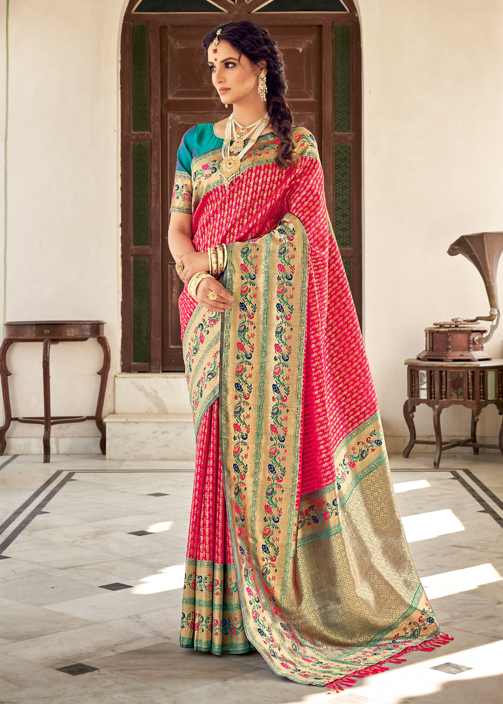 Buy MySilkLove Wild Pink and Blue Zari Woven Banarasi Brocade Saree Online