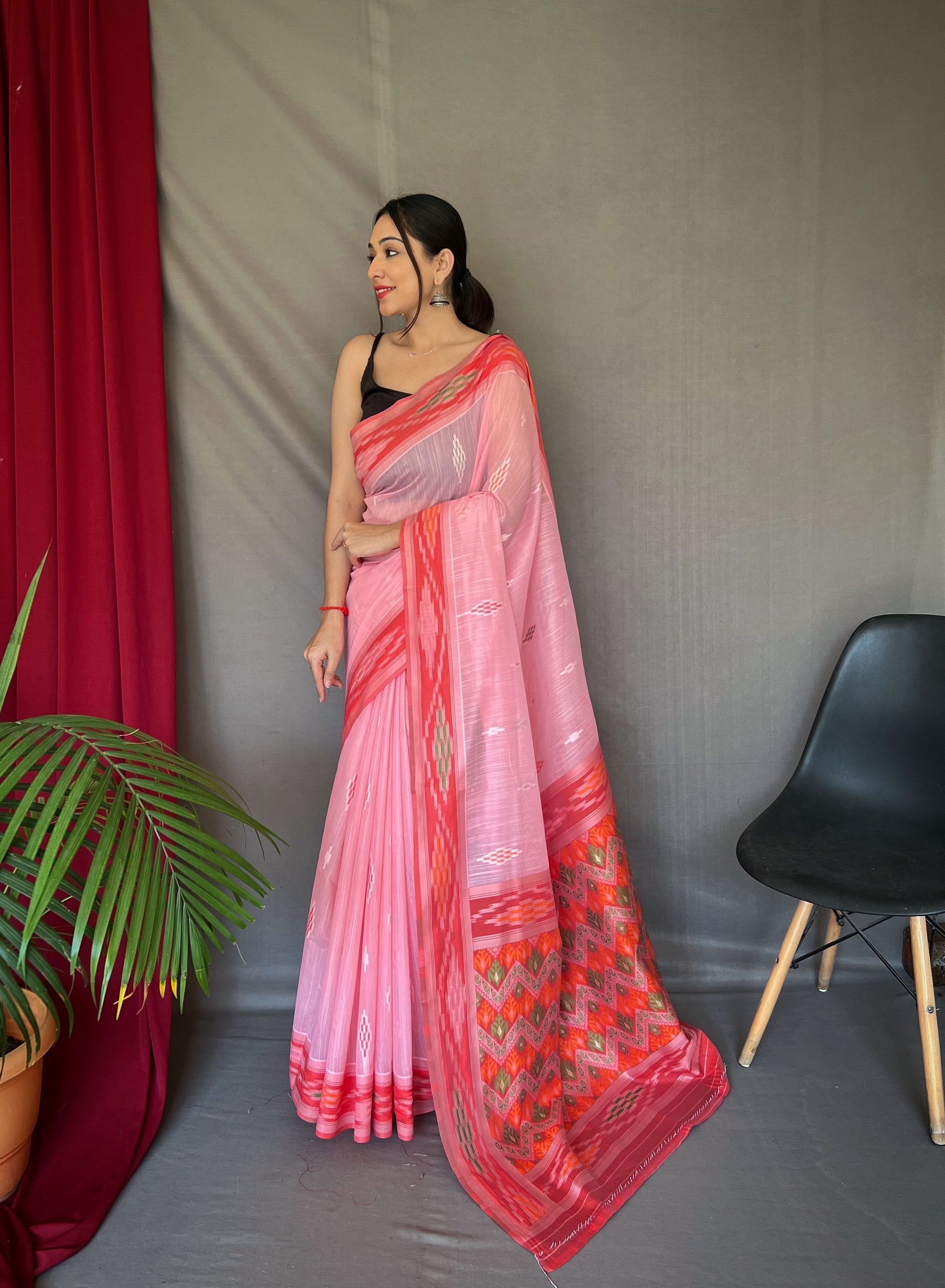 MySilkLove Pastel Pink Ikat Woven Cotton Silk Saree