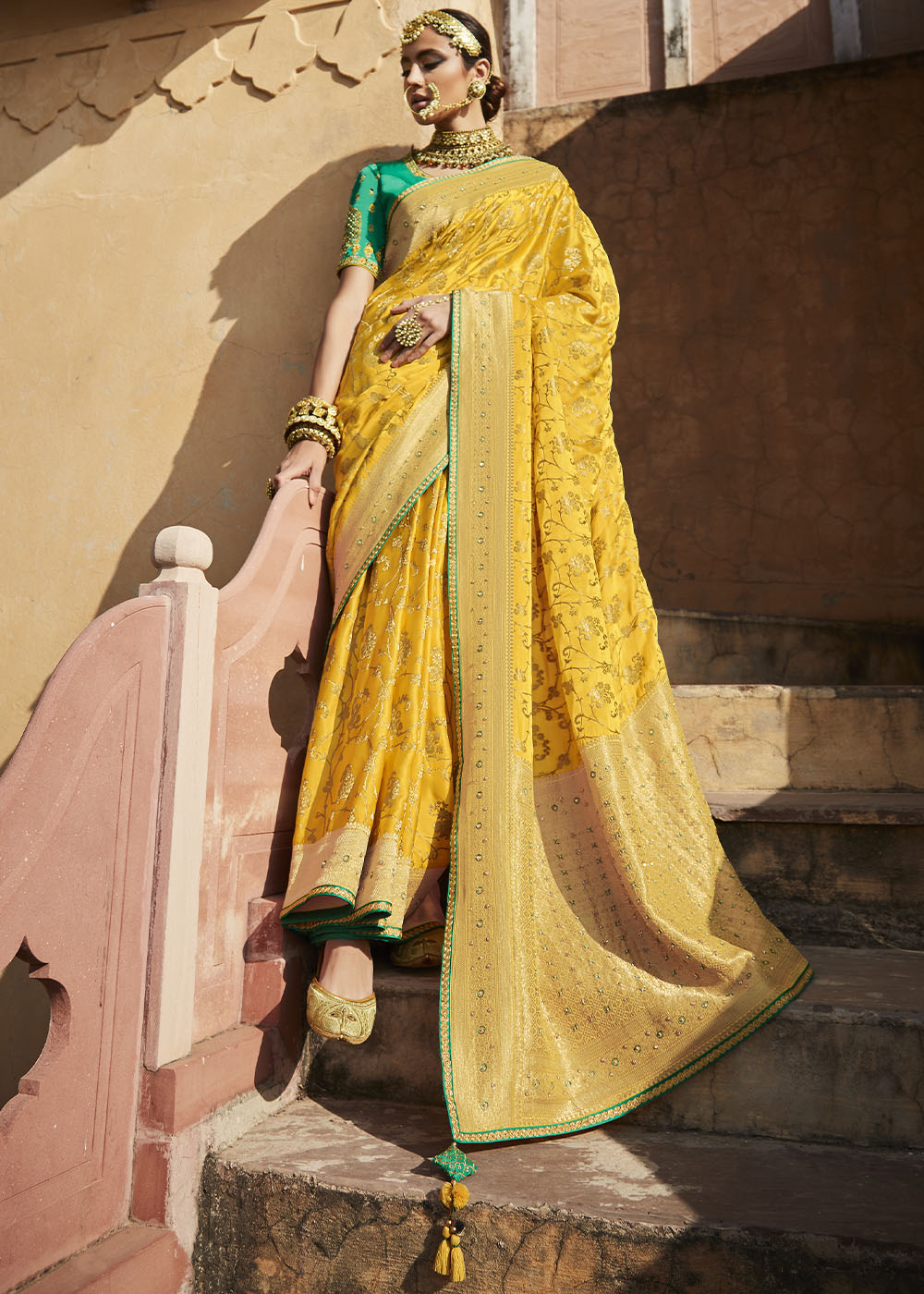 Buy MySilkLove Mustard Yellow Zari Woven Banarasi Silk Saree with Embroidered Blouse Online