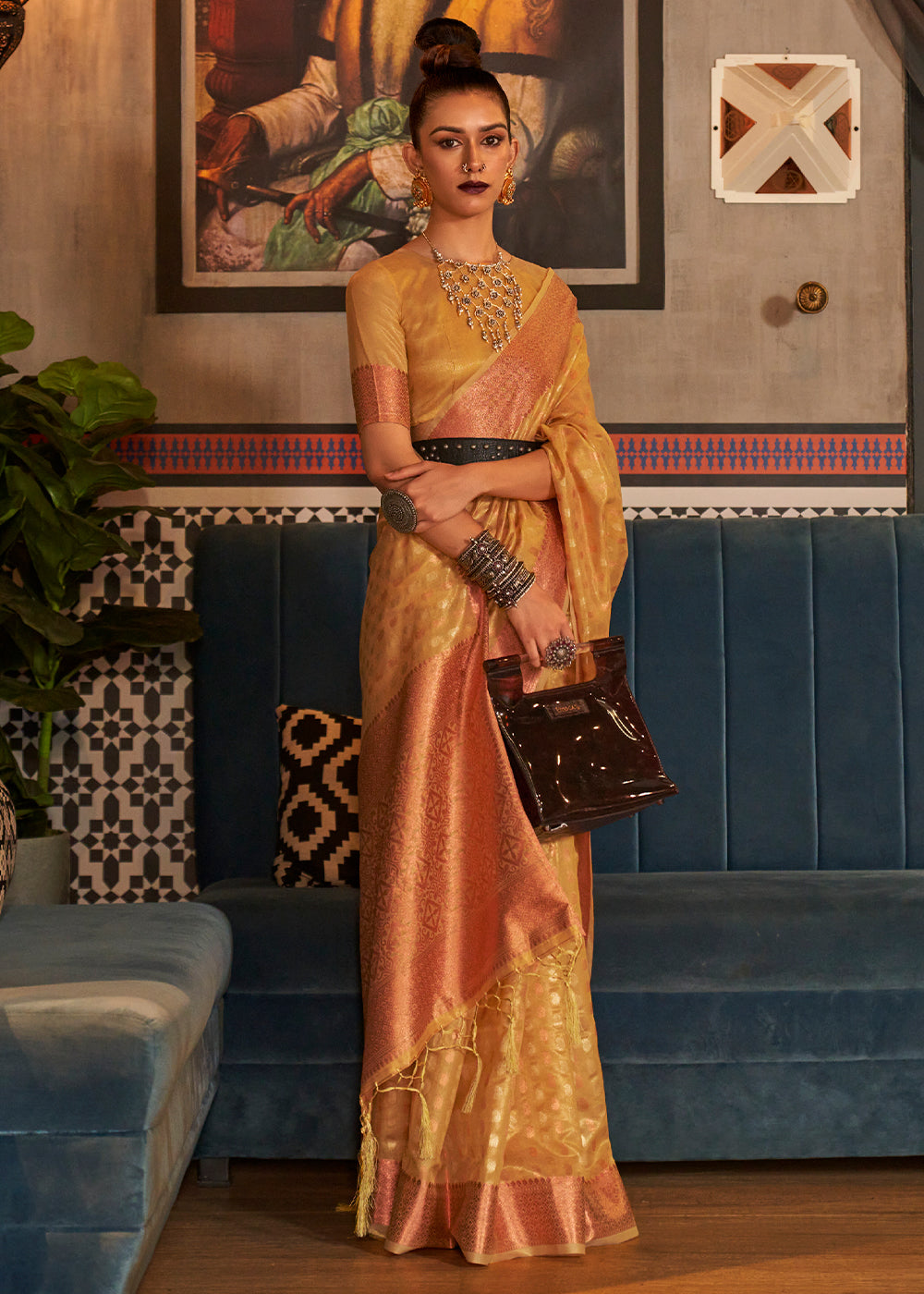 Buy MySilkLove Brandy Yellow Zari Woven Tissue Saree Online