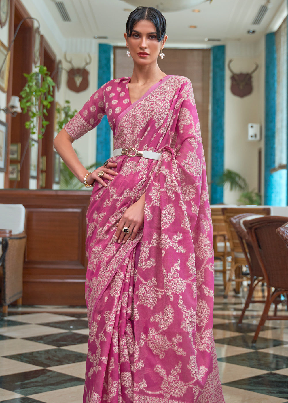 Buy MySilkLove Cinnamon Pink Lucknowi Chikankari Woven Saree Online