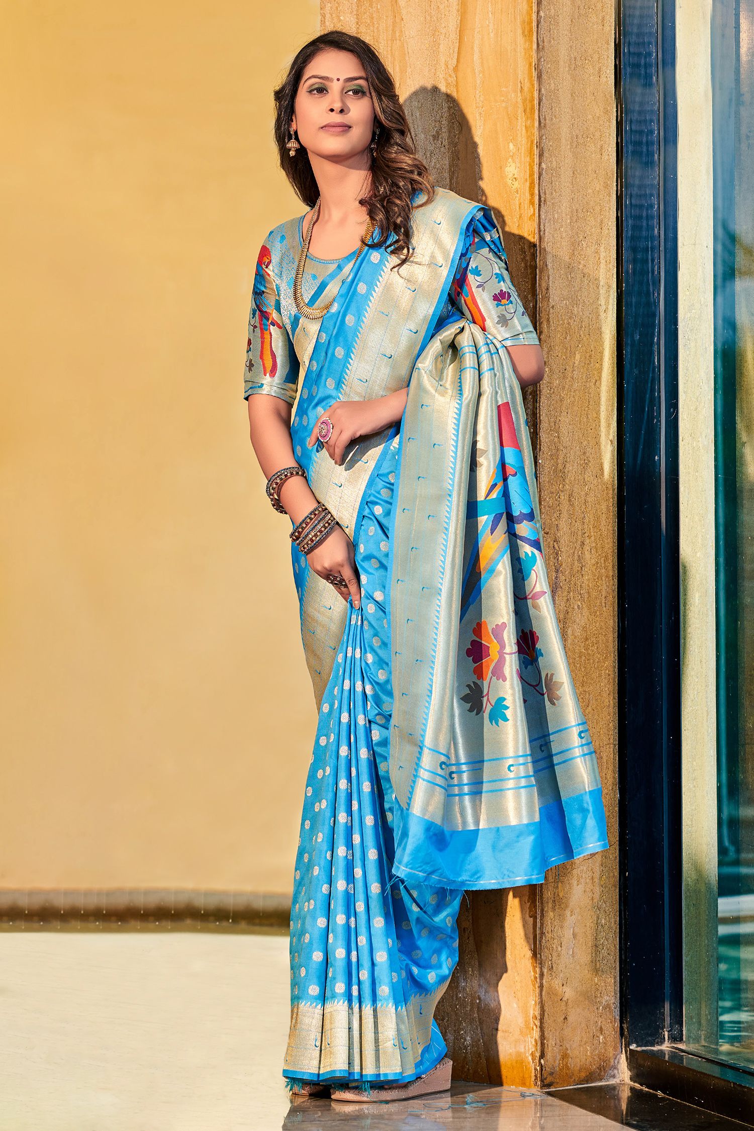 Buy MySilkLove Aqua Pearl Blue Woven Paithani Silk Saree Online