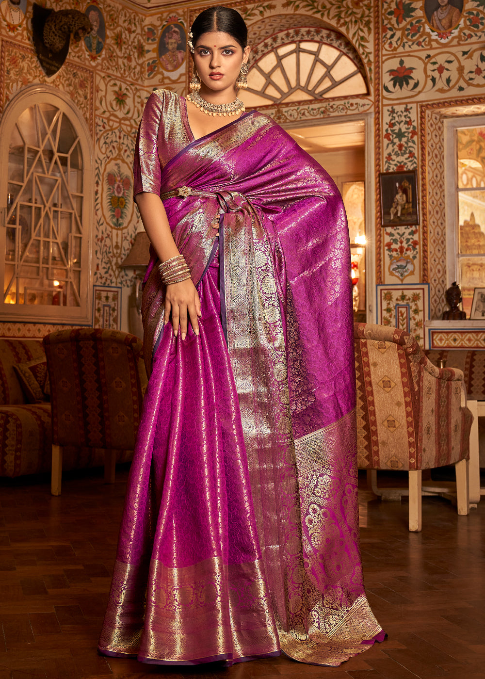 Buy MySilkLove Mulberry Purple Bronze Zari Woven Kanjivaram Saree Online