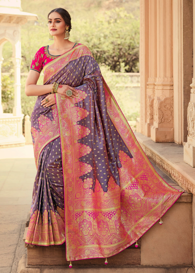 Falcon Purple and Pink Zari Woven Banarasi Saree with Designer Blouse