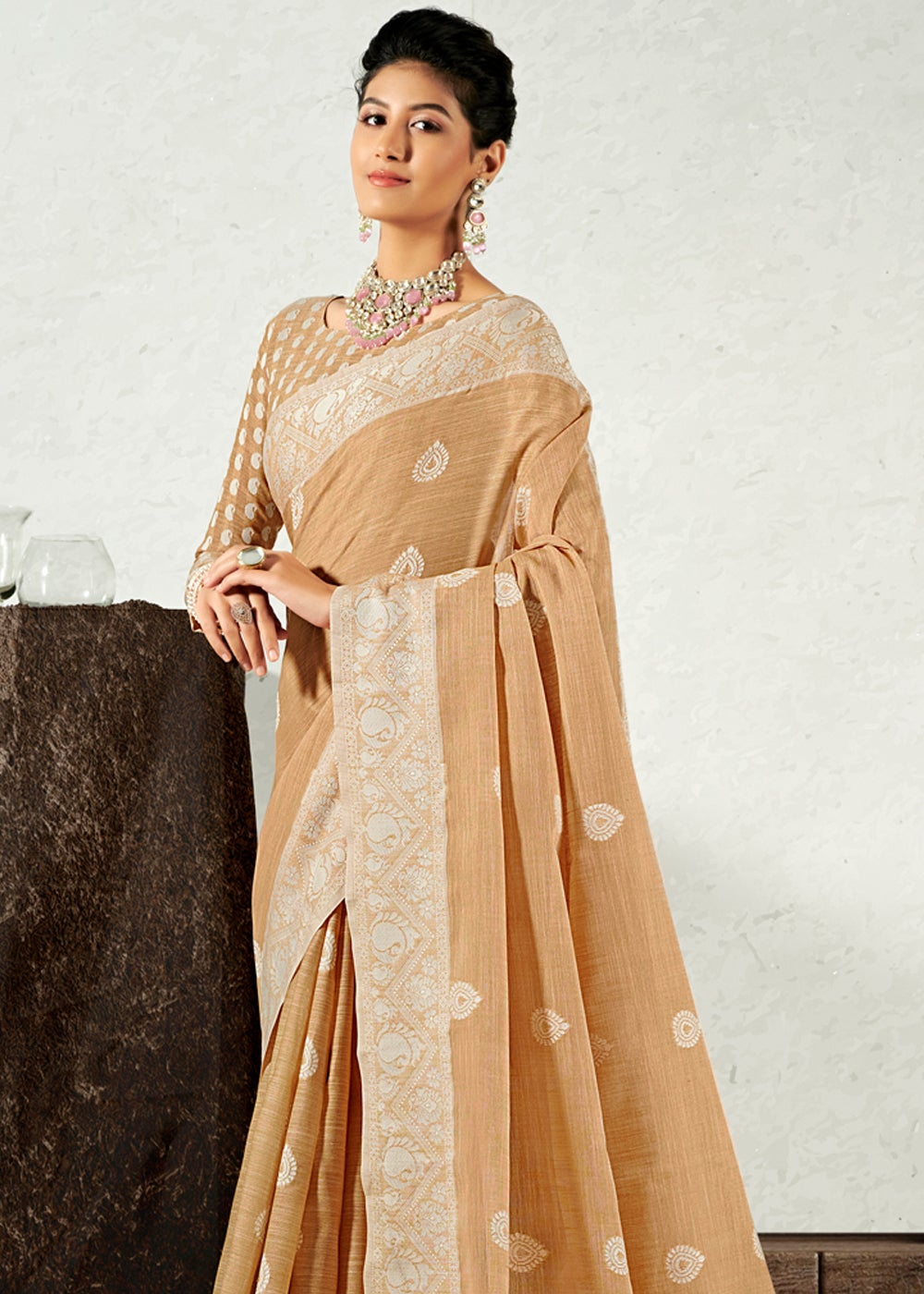 MySilkLove Navajo Cream Zari Woven Linen Saree