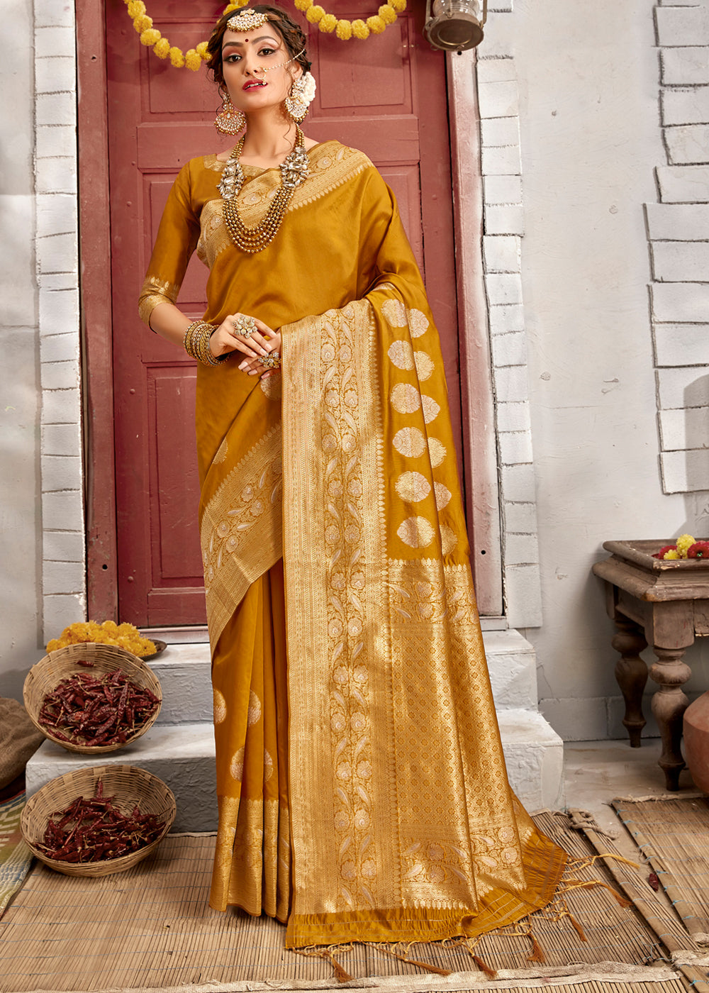 Buy MySilkLove Brandy Punch Yellow Zari Woven Banarasi Jamdani Silk Saree Online