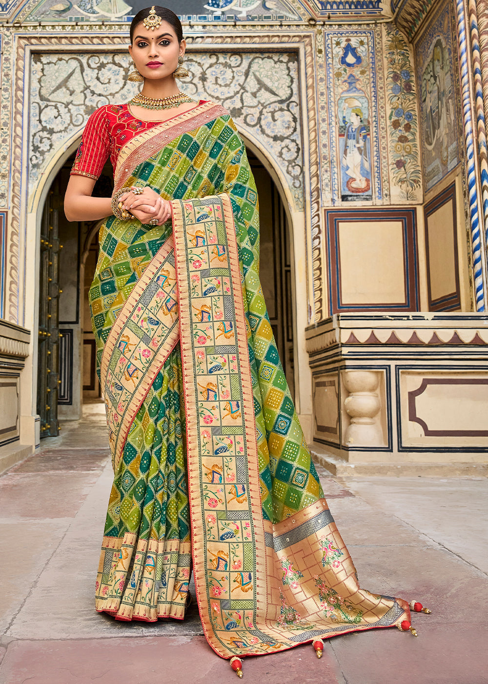 Buy MySilkLove Husk Green and Red Patola Printed Dola Silk Saree With Embroidered Blouse Online