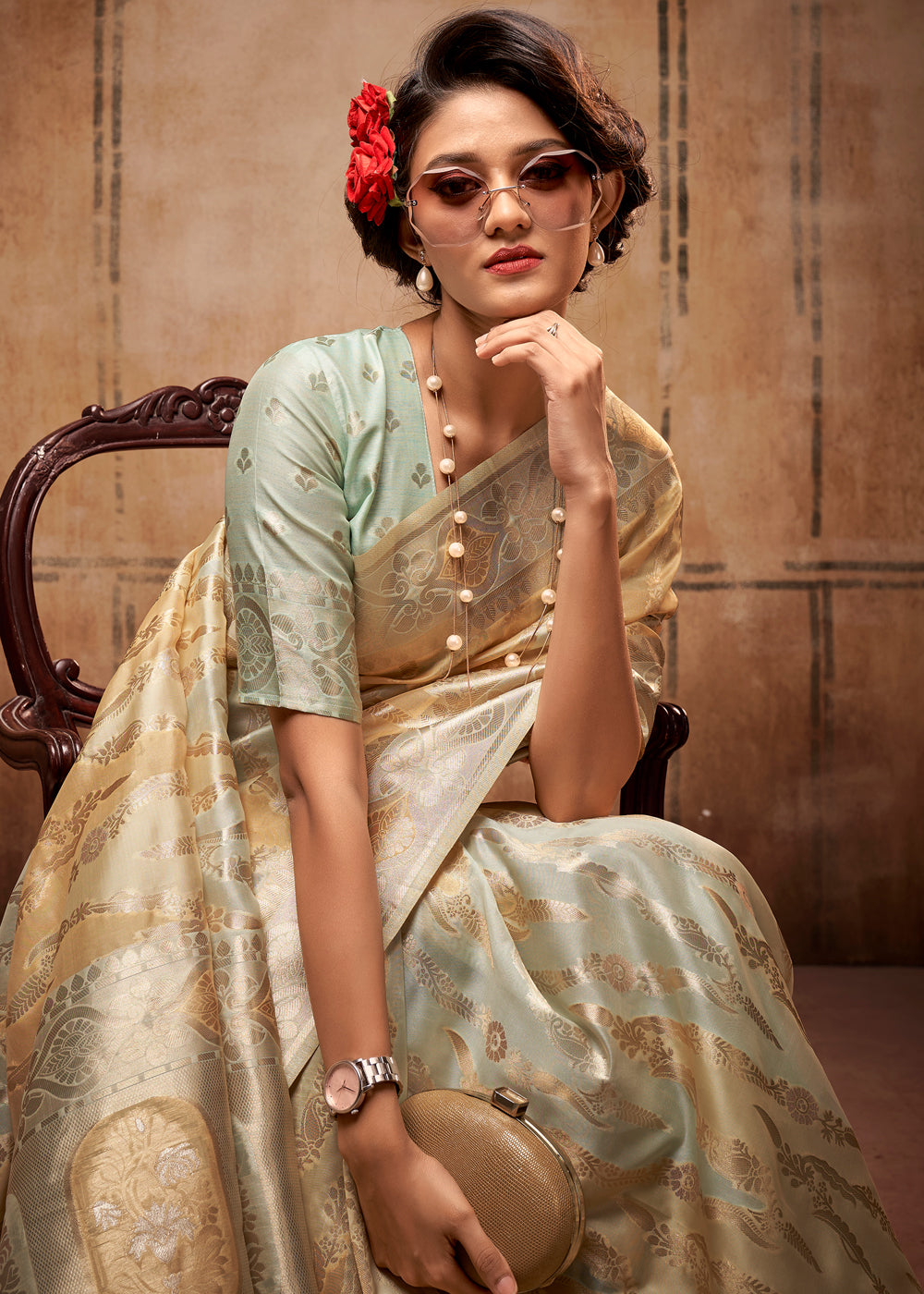 Buy MySilkLove Taupe Green Zari Woven Banarasi Organza Saree Online