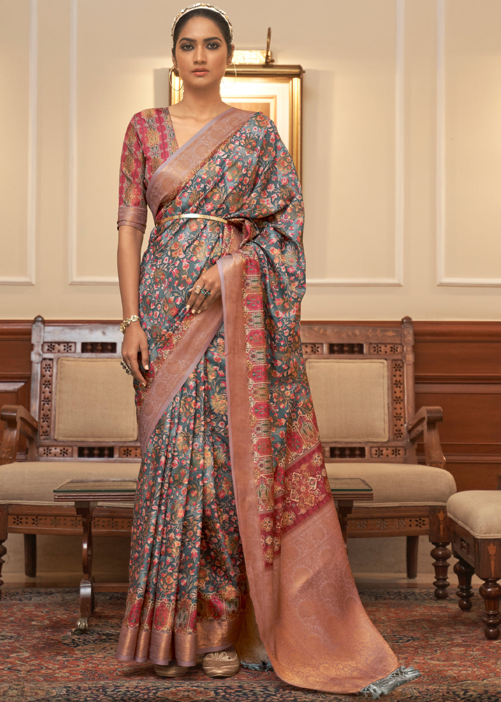 Buy MySilkLove Oslo Grey and Pink Banarasi Digital Printed Saree Online