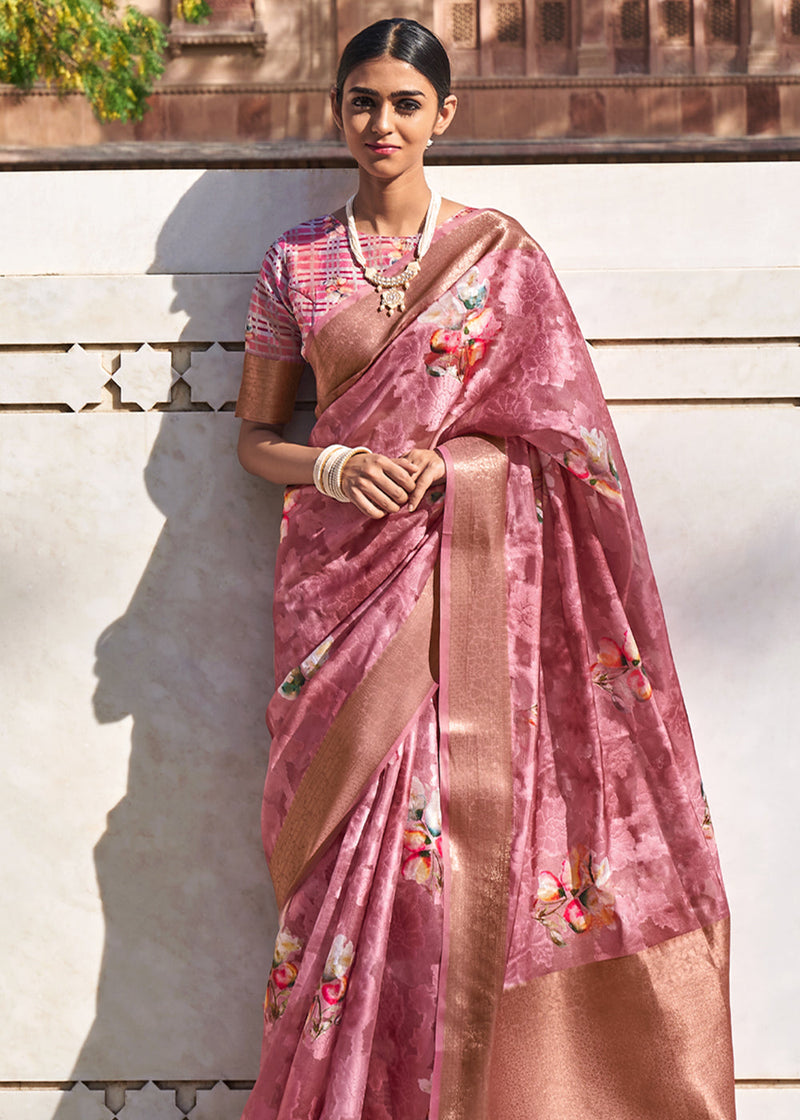 Rust Pink Digital Printed Banarasi Cotton Saree