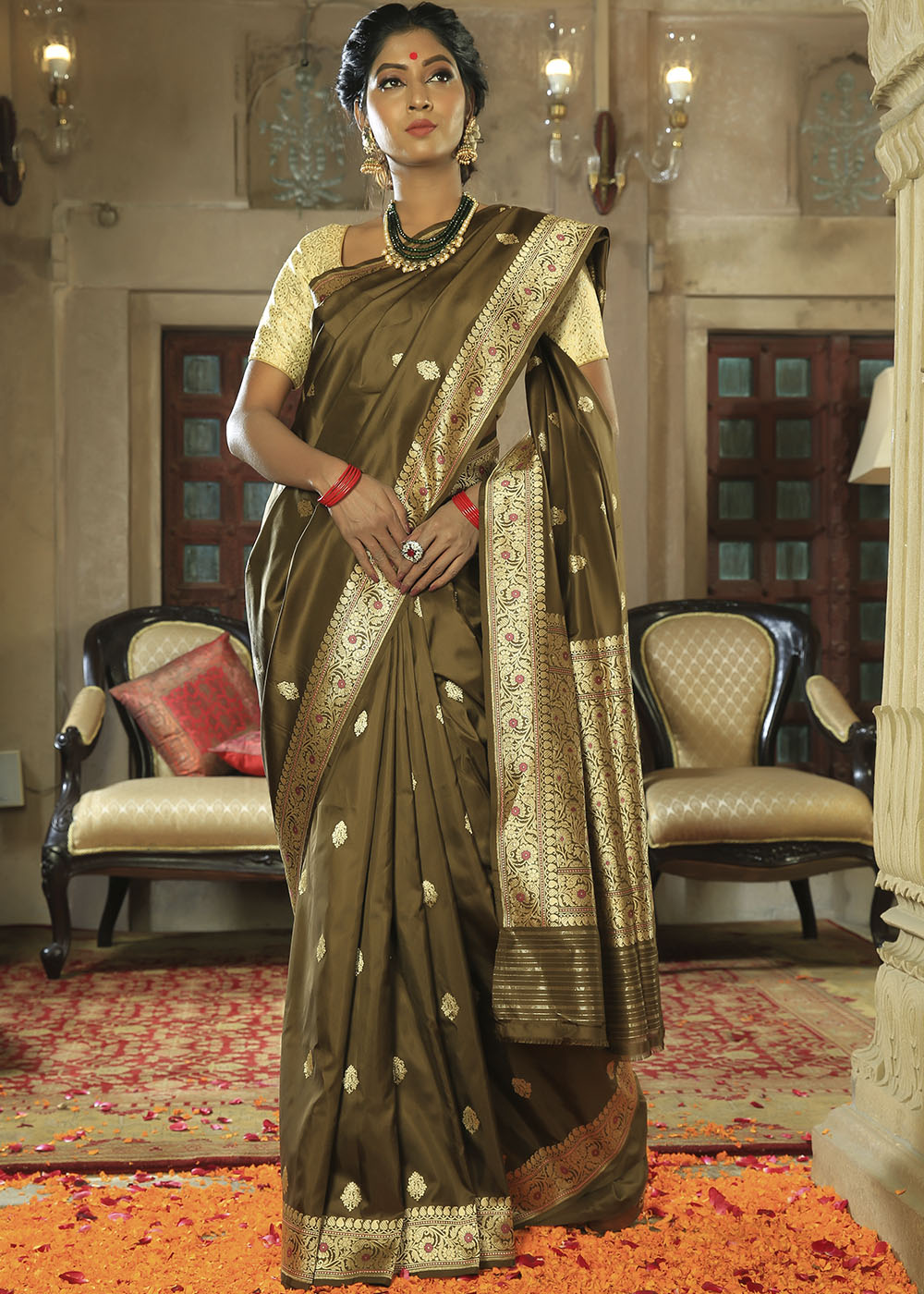 Buy MySilkLove Old Copper Brown Katan Pure Silk Handwoven Kadwa Booti Saree Online