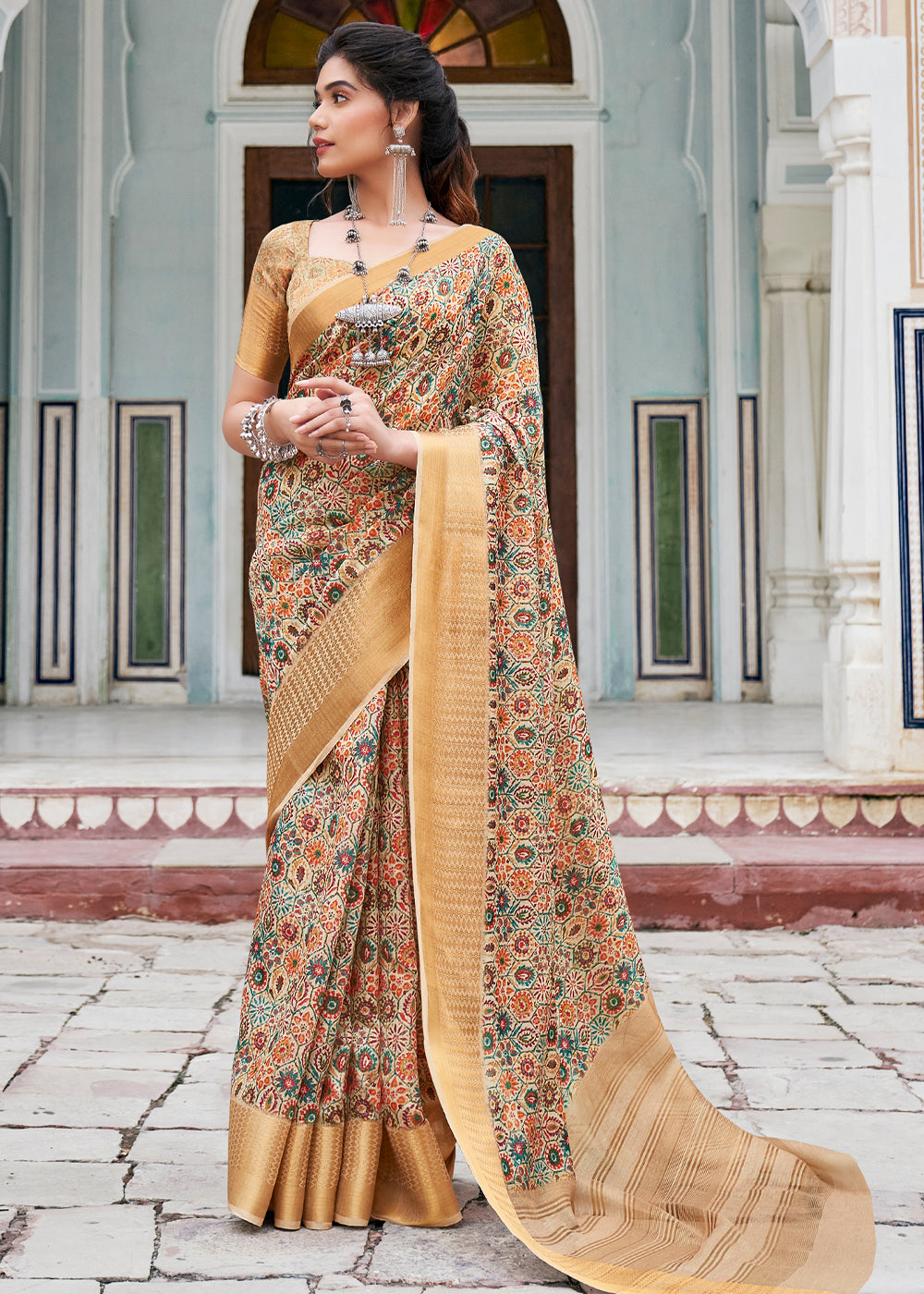 Buy MySilkLove Harvest Gold Cream Banarasi Printed Saree Online