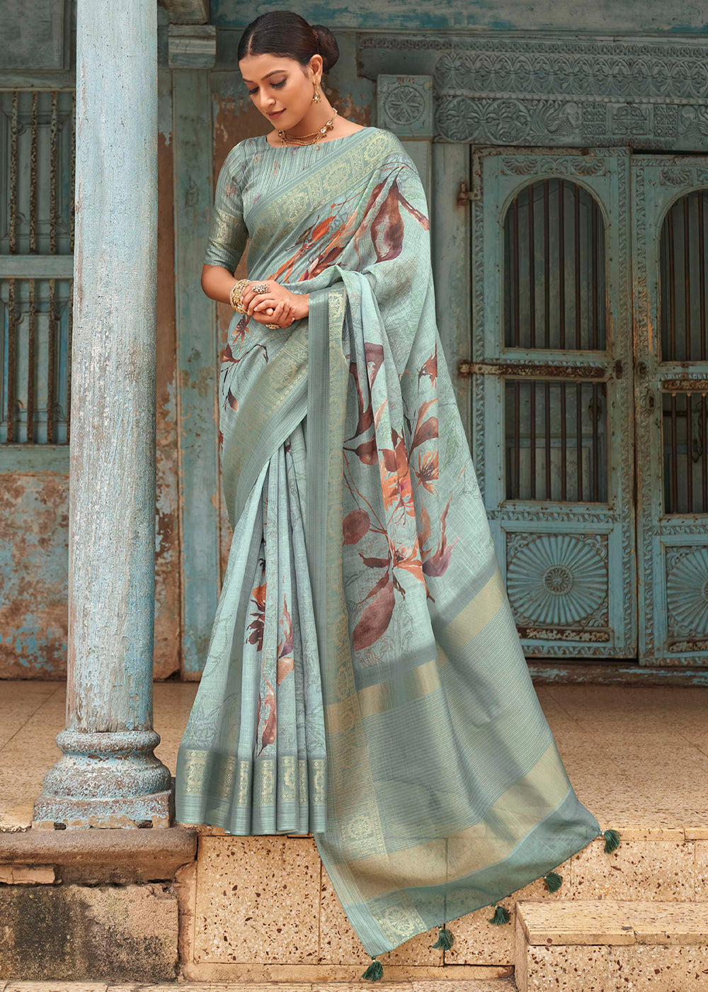 Buy MySilkLove Gum Leaf Green Floral Printed Linen Silk Saree Online