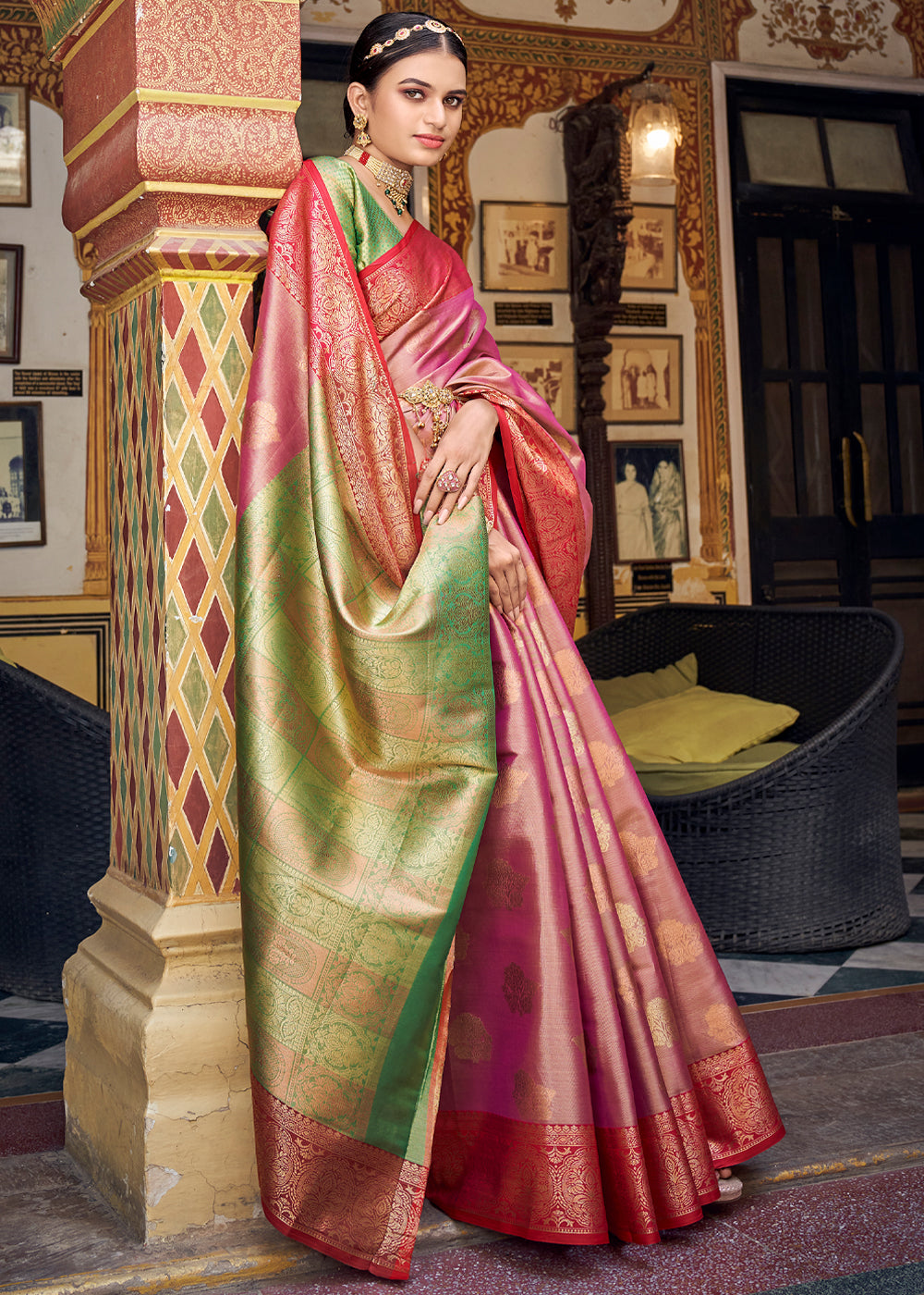 Buy MySilkLove Rose Bud Pink Woven Banarasi Barcode Silk Saree Online