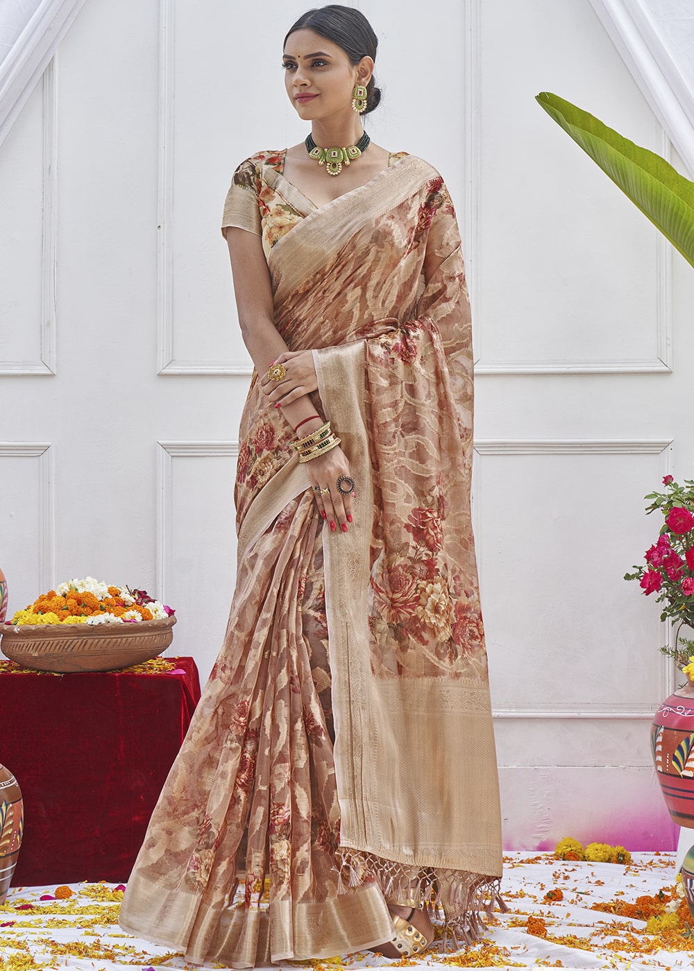 Buy MySilkLove Blast Off Bronze Brown Digital Printed Organza Silk Saree Online