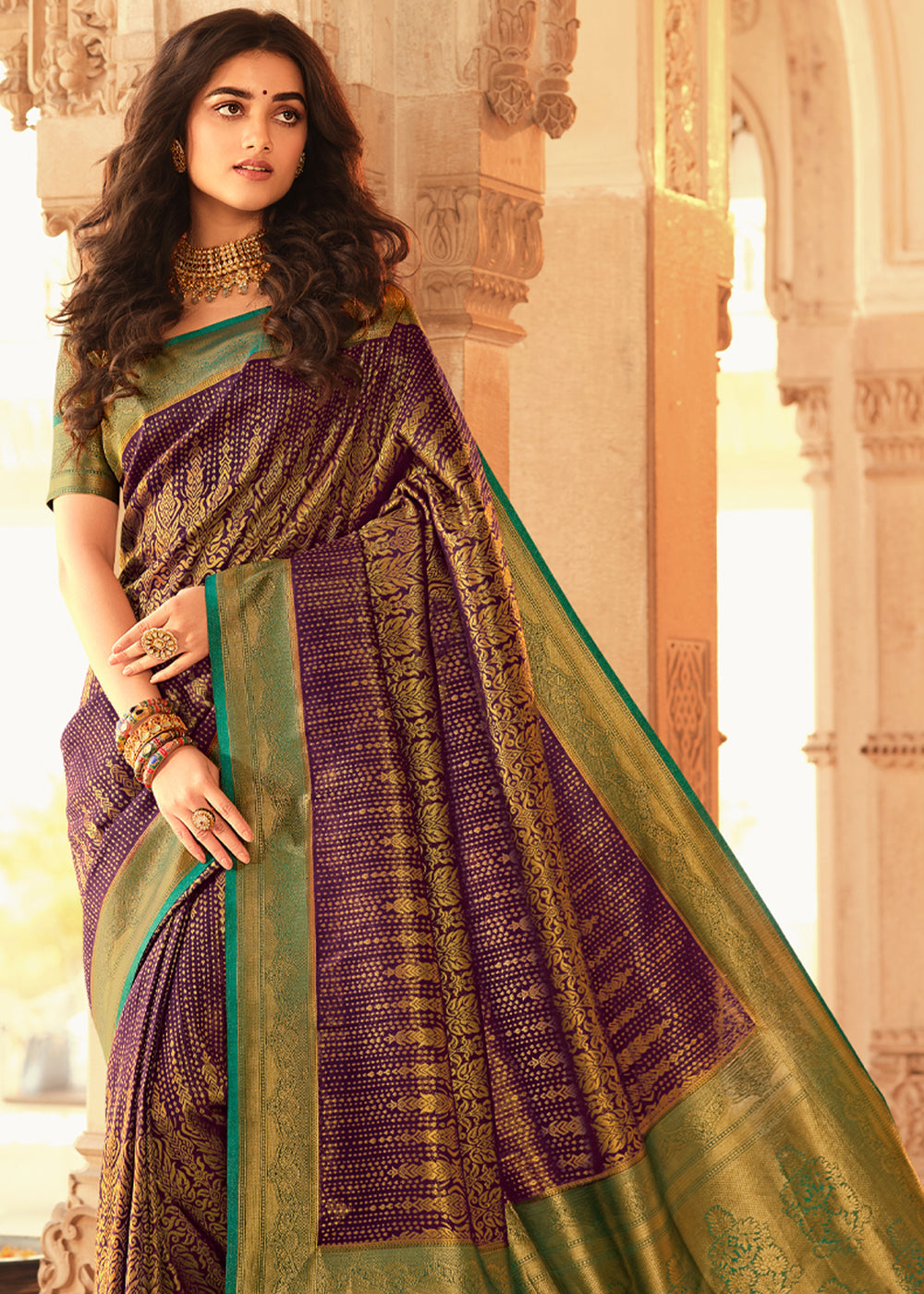 Buy MySilkLove Spicy Purple and Green Zari Woven Kanjivaram Saree Online