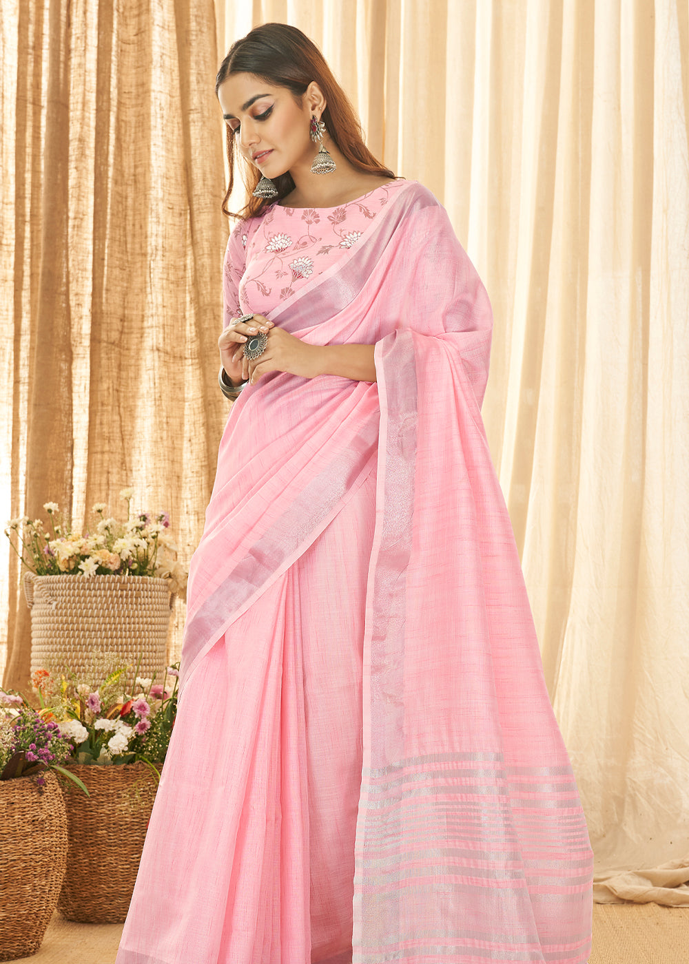 Buy MySilkLove Azalea Pink Zari Woven Linen Saree Online