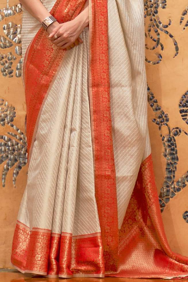 Buy MySilkLove Cameo White and Red Zari Woven Kanjivaram Saree Online