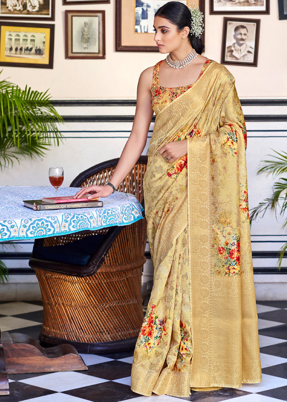 Buy MySilkLove Gold Sand Yellow Zari Woven Floral Banarasi Saree Online