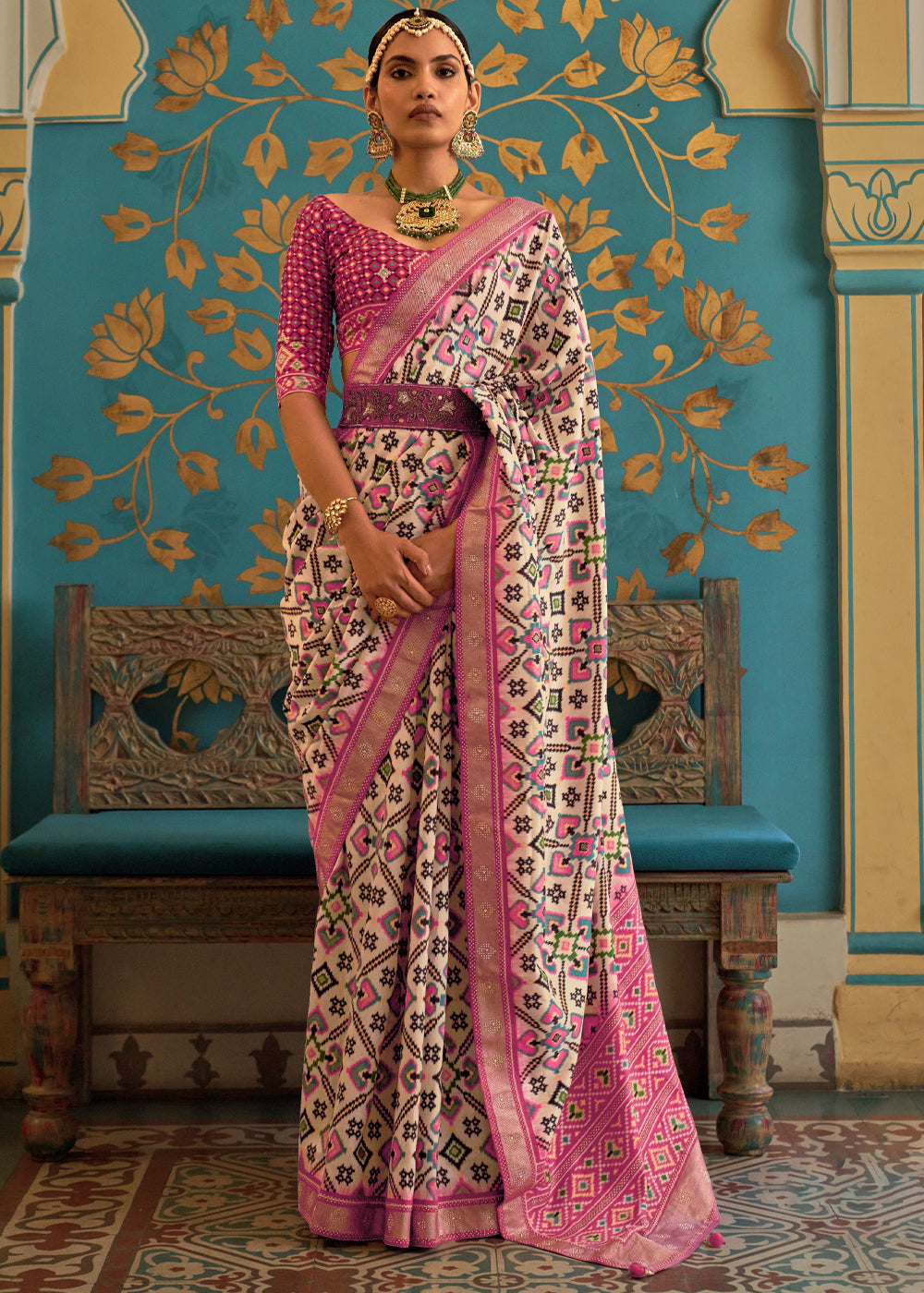 Blush Beige and Pink Woven Patola Silk Saree