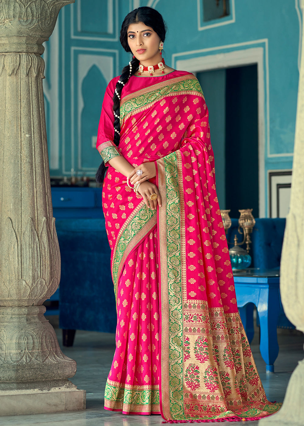 Buy MySilkLove Rose Pink and Green Zari Woven Banarasi Saree Online