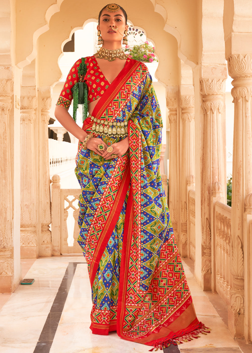 Buy MySilkLove Chambray Blue Green Red Printed Patola Tussar Saree Online