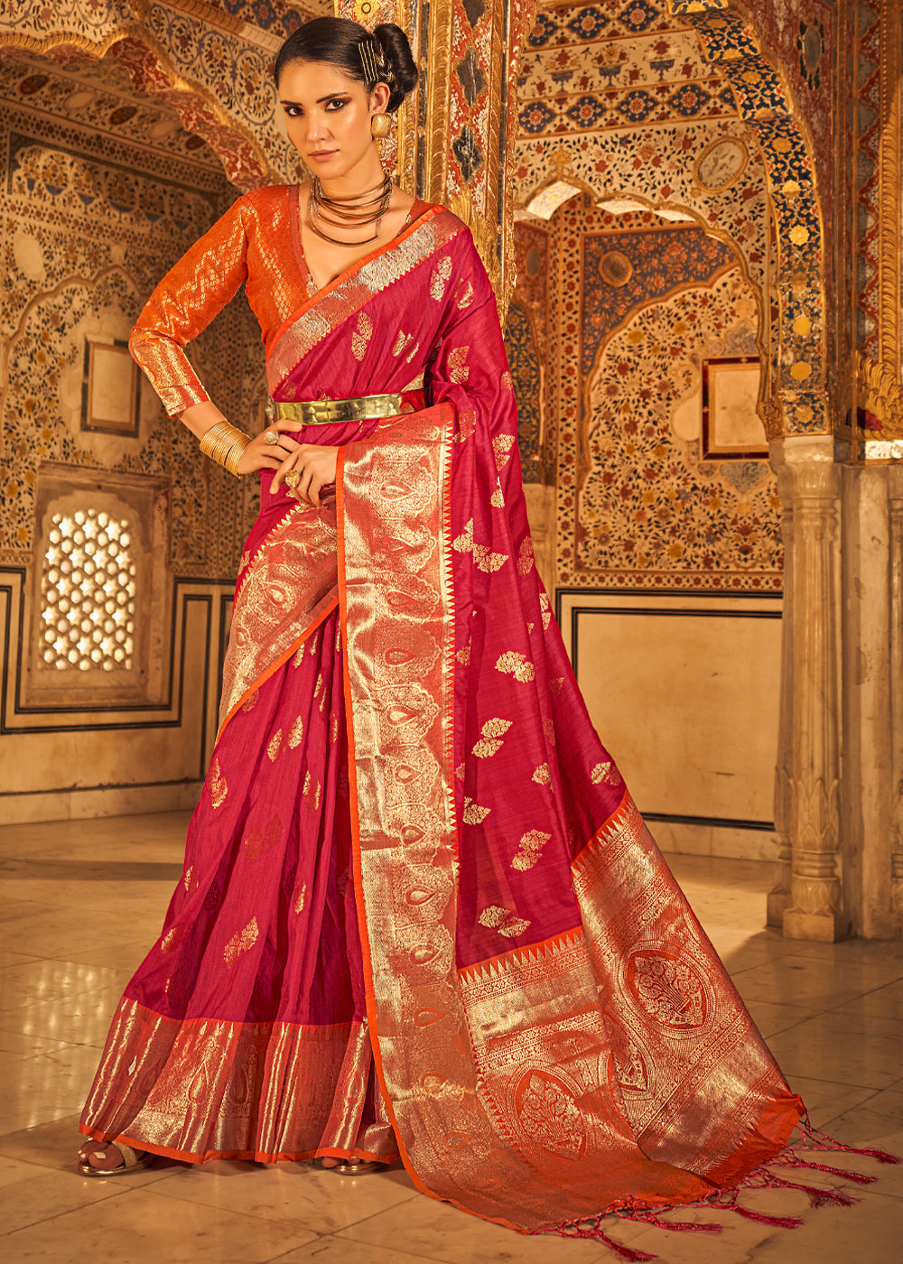 Buy MySilkLove Rusty Red Banarasi Tussar Woven Silk Saree Online