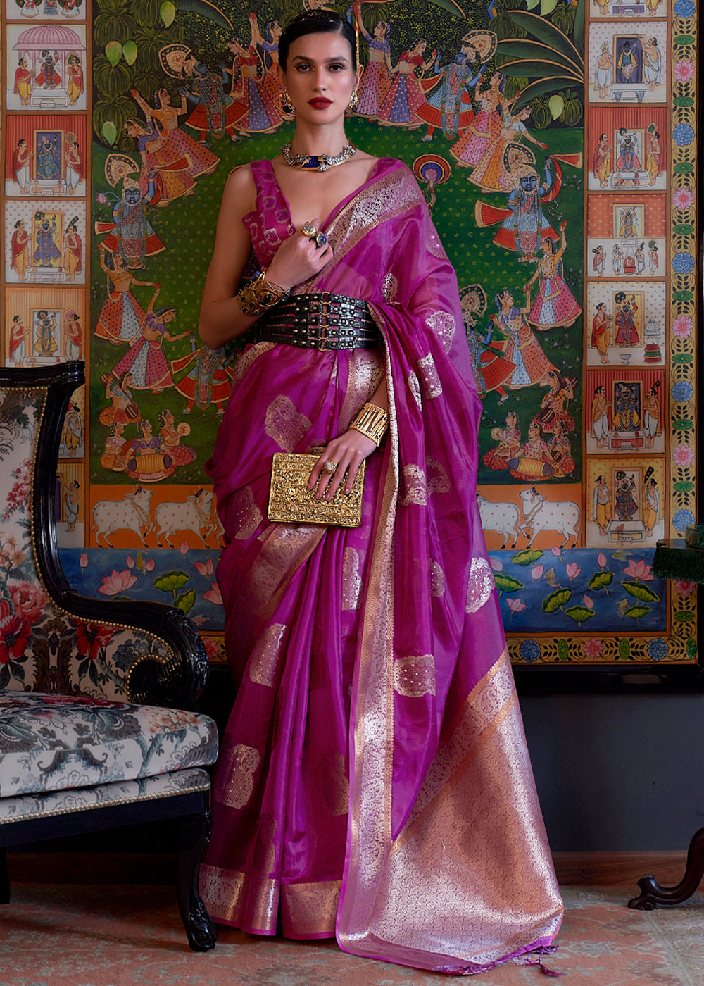 Buy MySilkLove Hibiscus Purple Woven Banarasi Organza Silk Saree Online