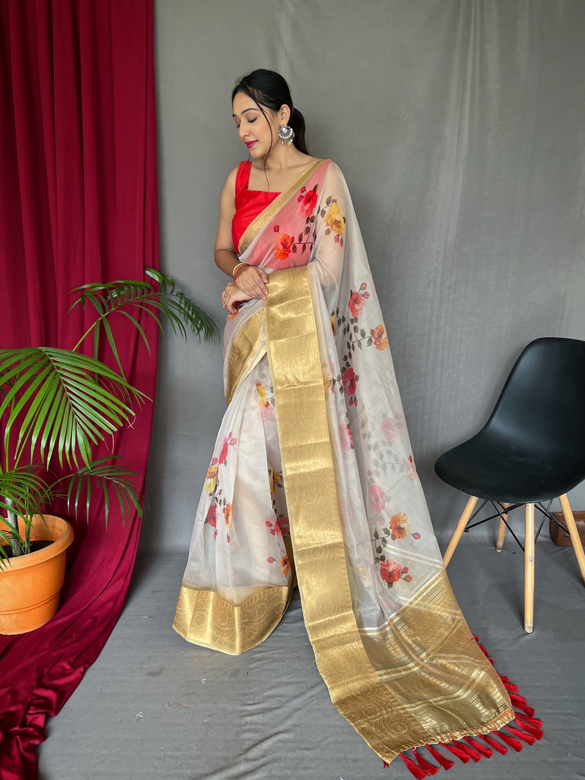 Buy MySilkLove Bone White Organza Digital Floral Printed Saree Online