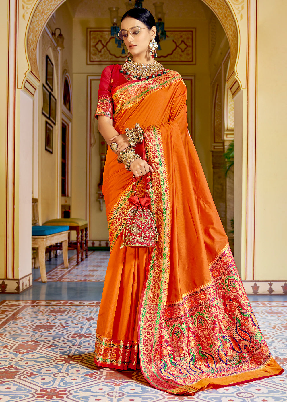 Buy MySilkLove Crusta Orange Zari Woven Banarasi Soft Silk Saree Online