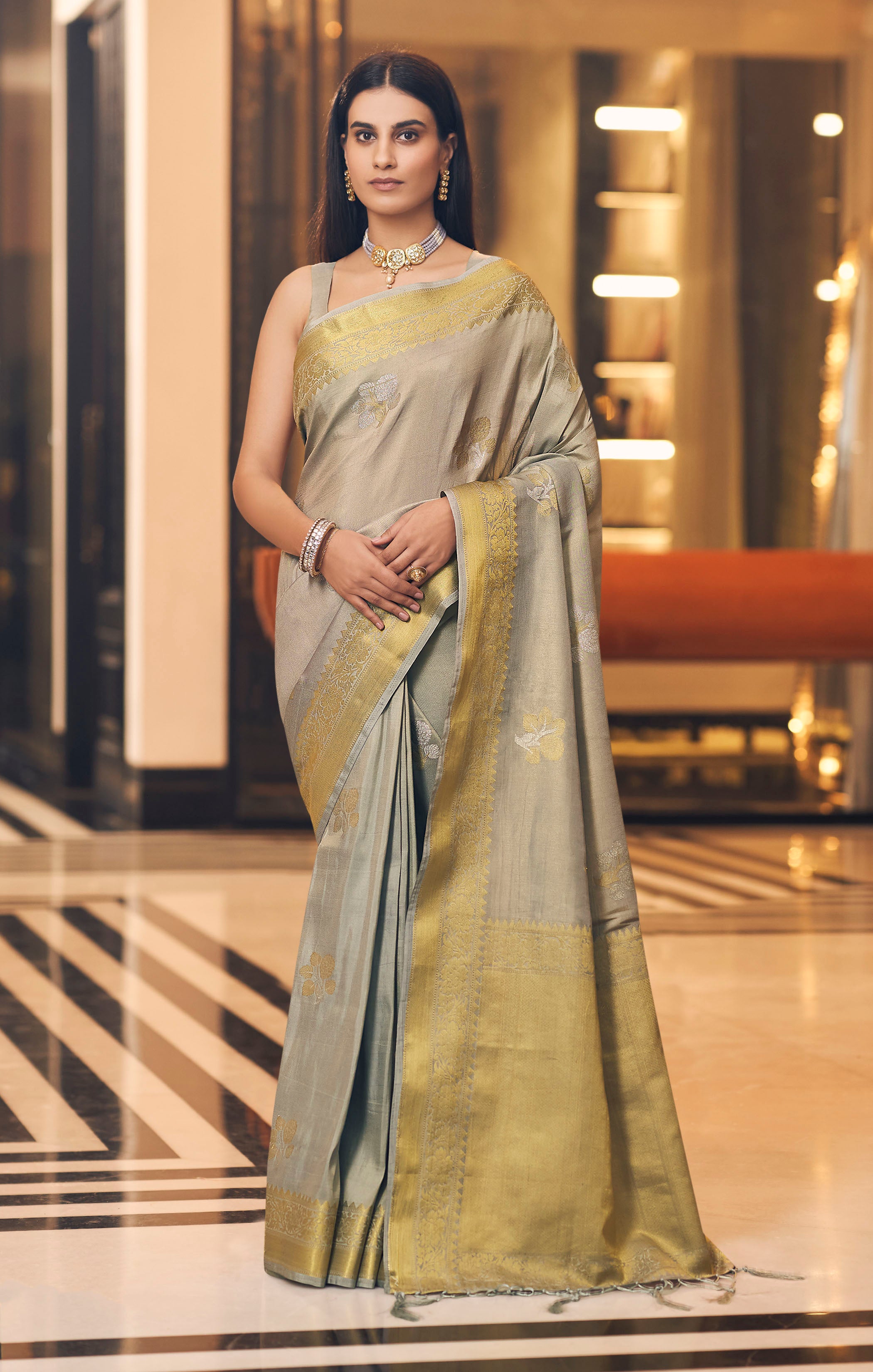 Buy MySilkLove Tallow Grey Zari Woven Tissue Banarasi Saree Online