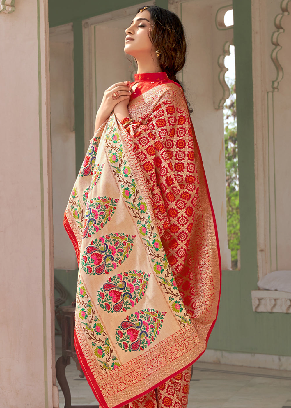 Buy MySilkLove Flame Red Zari Woven Banarasi Brocade Saree Online