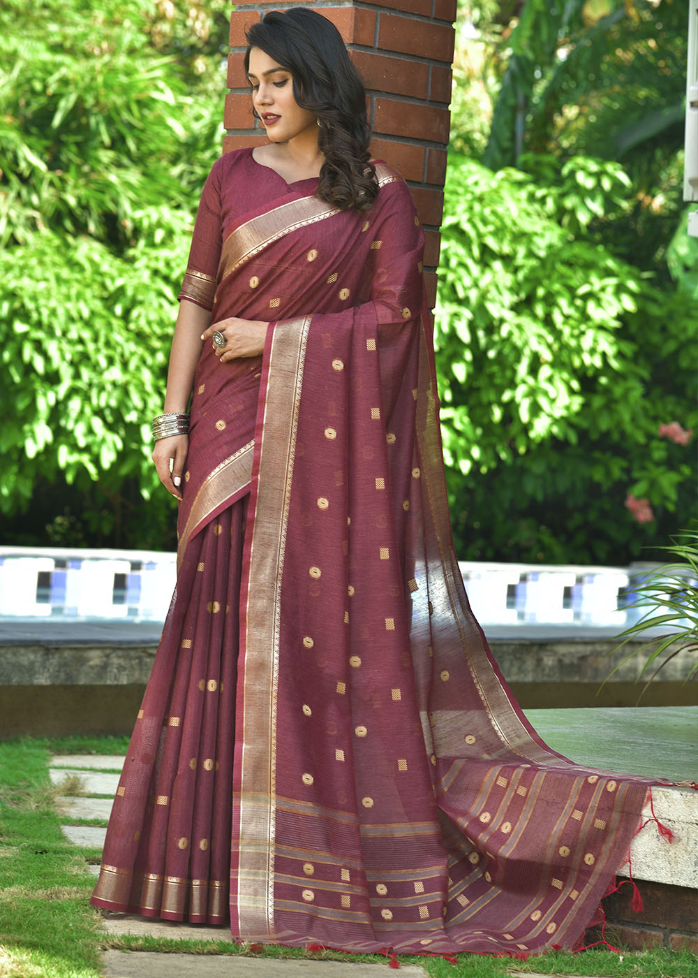 Buy MySilkLove Copper Rust Purple Zari Woven Cotton Saree Online