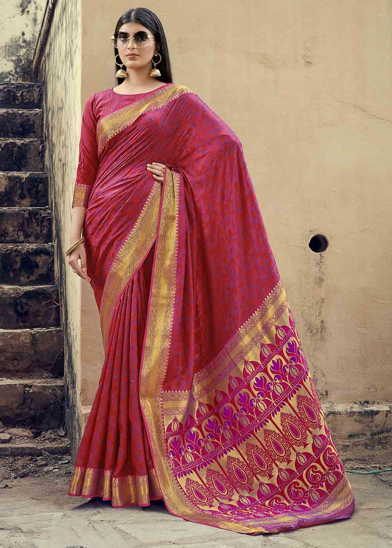 Sweet Red and Purple Zari Woven Banarasi Silk Saree