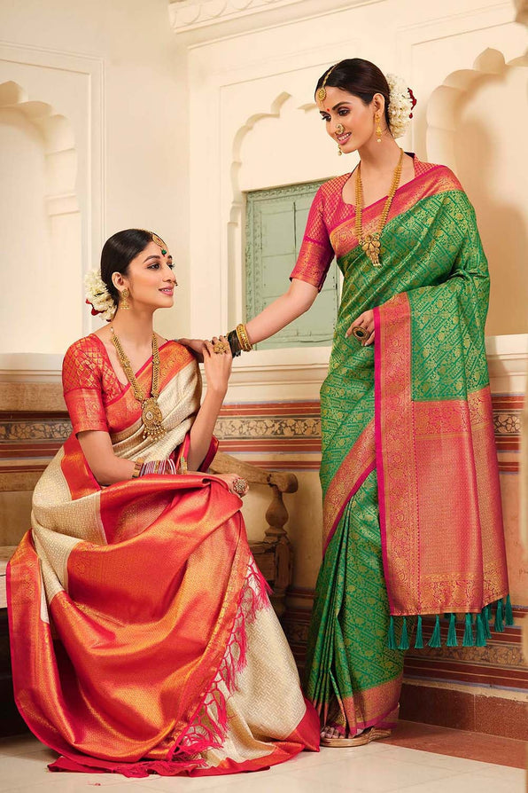 Buy MySilkLove York Green and Pink Zari Woven Kanjivaram Saree Online